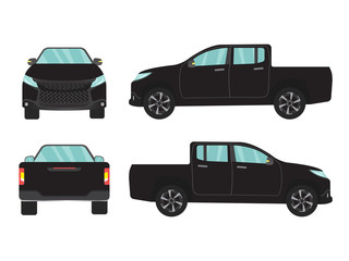 Set of black pickup truck car view on white background,illustration vector,Side, front, back