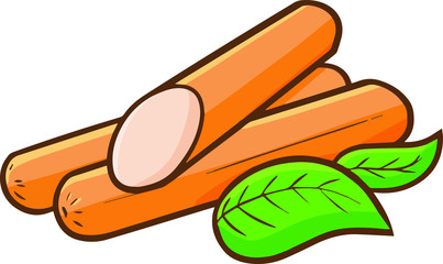 Cute and funny yummy three sausages woth leafe ready to be cooked