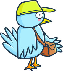 Cute and funny blue bird character being a postman