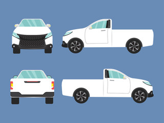 Set of white pickup truck single cab car view on blue background,illustration vector,Side, front, back © lockon16