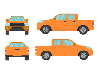 Set of orange pickup truck car view on white background,illustration vector,Side, front, back3 - obrazy, fototapety, plakaty