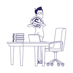 businessman hugging a coin next to office desk