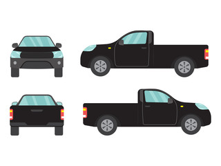 Set of black pickup truck single cab car view on white background,illustration vector,Side, front, back