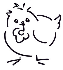 Line art chickens with a flower in its beak. Drawn in black marker by hand. On white background.