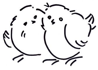 Line art. A pair of chickens cheek to cheek. Drawn in black marker by hand. On white background.