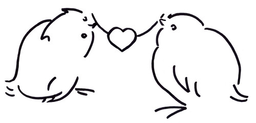 Line art. A pair of chickens hold a heart by a rope. Drawn in black marker by hand. On white background.
