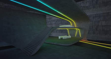 Abstract architectural concrete interior of a minimalist house with colored neon lighting. 3D illustration and rendering.