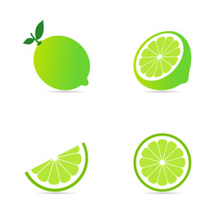 Collection set of fresh lime with green leaf and half slice pattern isolated on white background.Citrus fruit flat icon.Vector.Illustration.