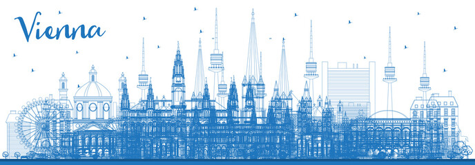 Outline Vienna Austria City Skyline with Blue Buildings.