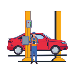 car repair design of mechanic with car on car lift icon