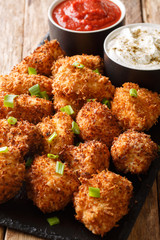 Coconut breaded chicken nuggets served with ketchup and mayonnaise close-up on a slate board. Vertical