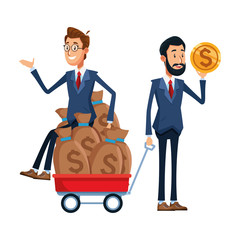 cartoon businessmen with money coin and trolley with money bags