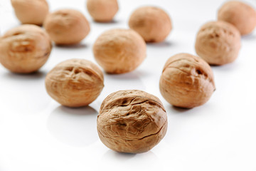 Walnuts on a white background in a checkerboard pattern. Focus on the first nut.