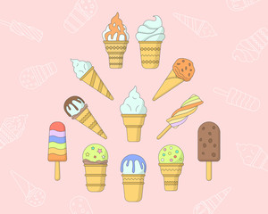 Ice cream Icons set - Vector color symbols and outline of cold sweet dessert for the site or interface