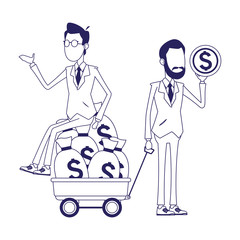 cartoon businessmen with money coin and trolley with money bags, flat design
