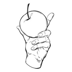 Vector hand drawn illustration of hand holding forbidden fruit. Creative tattoo artwork.  Template for card, poster, banner, print for t-shirt, coloring,  patch.