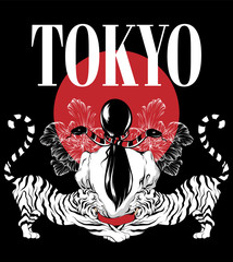 Tokyo. Vector hand drawn illustration of girl with snakes and tigers with flowers isolated. Template for card, poster, banner, print for t-shirt, pin, badge, patch.