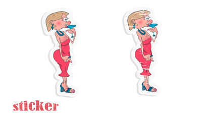 A cartoon woman in a red dress is standing and drinking alcohol from a glass. Vector illustration in the form of a sticker.