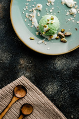 dessert pistachio ice cream, vegan food with coconut milk