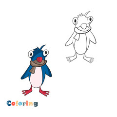 Cartoon penguin. Vector illustration in the form of coloring and color example.