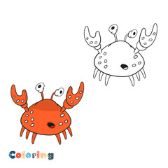 Cartoon crab. Vector illustration in the form of coloring and color example.
