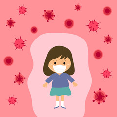 Cute girl wearing medical mask to protect herself from virus disease. Corona virus protection concept vector illustration.