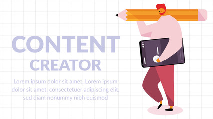 Obraz premium Flat vector illustration of a man with a yellow pencil and a smartphone with a Content Creator wording. Content creator Illustration Concept.