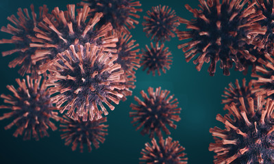 China Wuhan pathogen respiratory coronavirus 2019-ncov flu outbreak. Dangerous flu strain cases as a pandemic. Microscope close up view of influenza virus cells. 3d rendering - illustration.