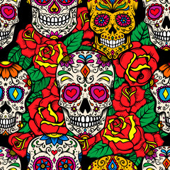 Seamless pattern with mexican sugar skulls and roses. Design element for poster, card, banner, clothes decoration.