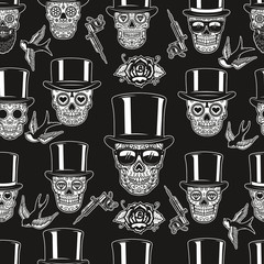 Seamless pattern with mexican sugar skulls, tattoo machines and roses. Design element for poster, card, banner, clothes decoration.
