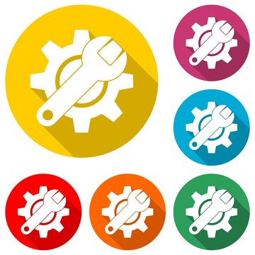 Wrench and Gear isolated icon with long shadow