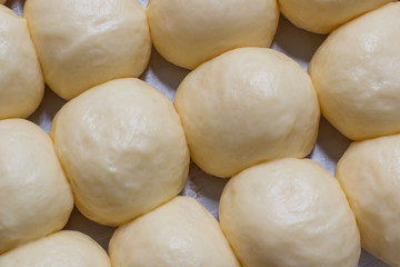 Fototapeta na wymiar Raw bread dough in a baking tray waiting for