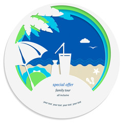 Paper seascape sale banner or discount coupon. In the foreground beach holiday accessories: hat, umbrella, cocktail.