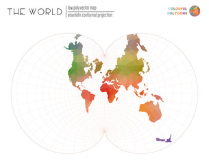 World map in polygonal style. Eisenlohr conformal projection of the world. Colorful colored polygons. Modern vector illustration.