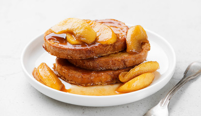 French toast with caramel apple topping, delicious seasonal breakfast.