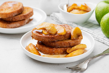 French toast with caramel apple topping, delicious seasonal breakfast.