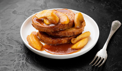 French toast with caramel apple topping, delicious seasonal breakfast.