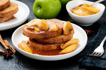 French toast with caramel apple topping, delicious seasonal breakfast.
