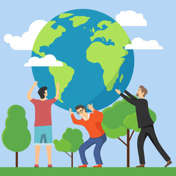 People holding Earth. People protect and protect the environment. Vector illustration.