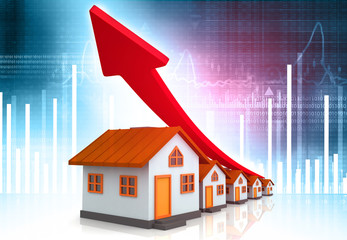 Real estate growth graph. House graph with rising arrow on business background. 3d illustration..