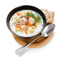 Creamy soup with salmon, potatoes, carrots and dill. Healthy food. isolated on white background	