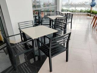 Street cafe table and chairs european style. Top horizontal view eating outside and take away concept.