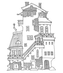 Cute hand drawn old houses with windows, stairs and doors