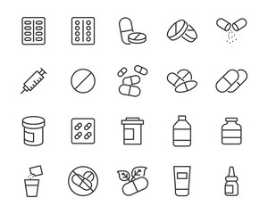 set of medicine icons, pills, pharmacy, capsule, tablet