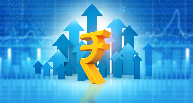 Indian Rupee Sign With Stock Market Graph Background. 3d Illustration.