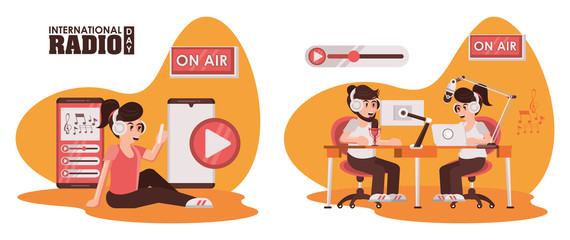 international radio day poster with announcers characters