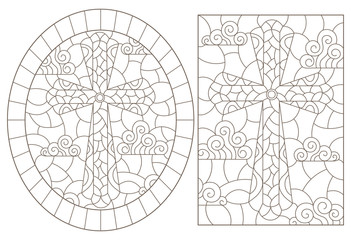 A set of contour illustrations in stained glass style with Christian crosses on a cloudy sky background , dark contours on a white background