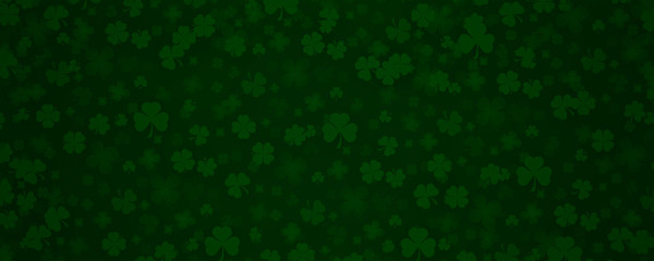  Green Patricks Day greeting banner with green clovers. Patrick's Day holiday design. Horizontal background, headers, posters, cards, website