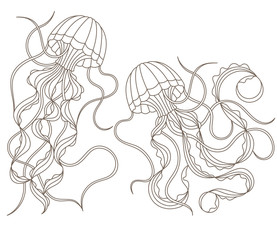Set of illustrations in stained glass style with contour jellyfish, dark outlines isolated on a white background