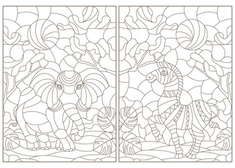 Set of contour illustrations of stained glass Windows with elephant and Zebra , dark contours on a white background
